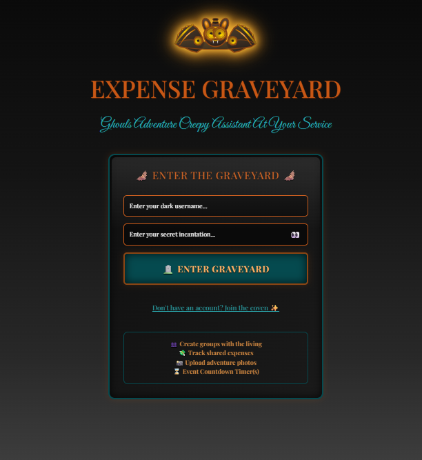 Screenshot of Expense Graveyard app showing expense tracking interface